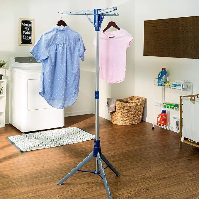 Tripod Clothes Drying Rack, blue, foldable design, ideal for air drying or storage. 2