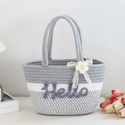 Customizable Braided Cotton Tote Bag - Personalized with Your Name, Perfect for Picnics and Vacations (4grey)