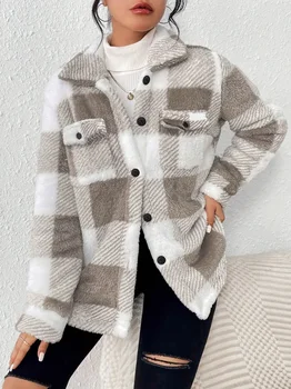 Plaid Pattern Button Front Jacket, Elegant Long Sleeve Warm Outerwear For Fall & Winter, Women's Clothing 6