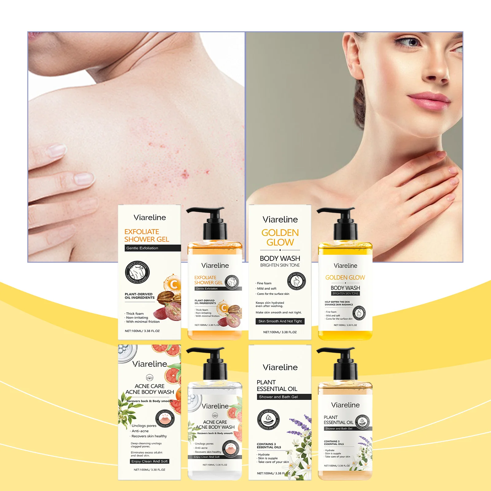 Viareline 100ml Refreshing Skin Care Shower Gel Series is Used for Body Cleansing, Gentle, Comfortable Smooth Moisturizing Skin