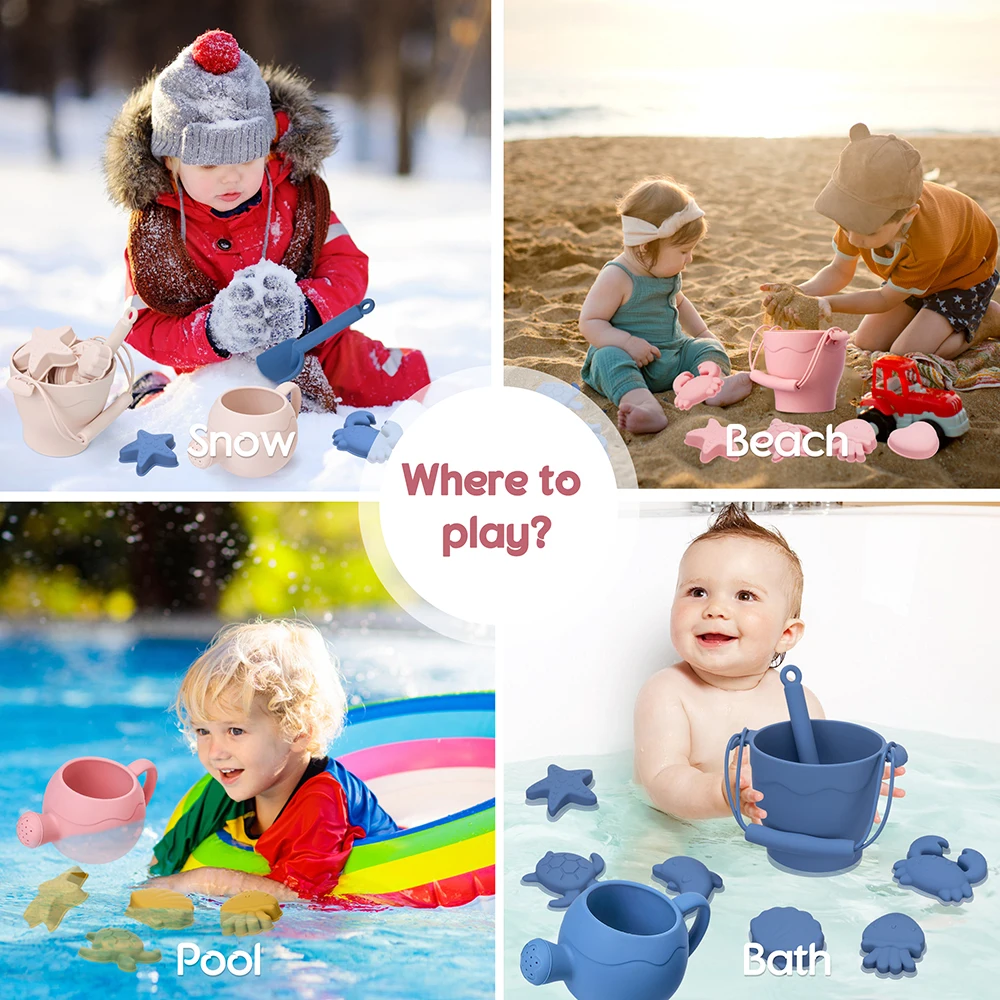 8pcs Beach Toys BPA Free Food-Grade Silicone Fun Summer Outdoor Toys For Kids With Bucket 4 Color Sand Set 5