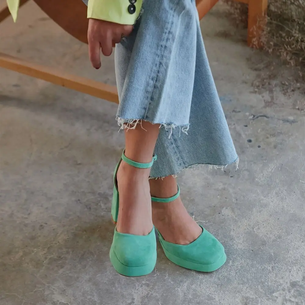 

Amy Genuine Leather Satin Suede Plated Thick Platform Sole High Heel Ankle Strap Women's Shoes Poshnmore Pink Blue Green Black S