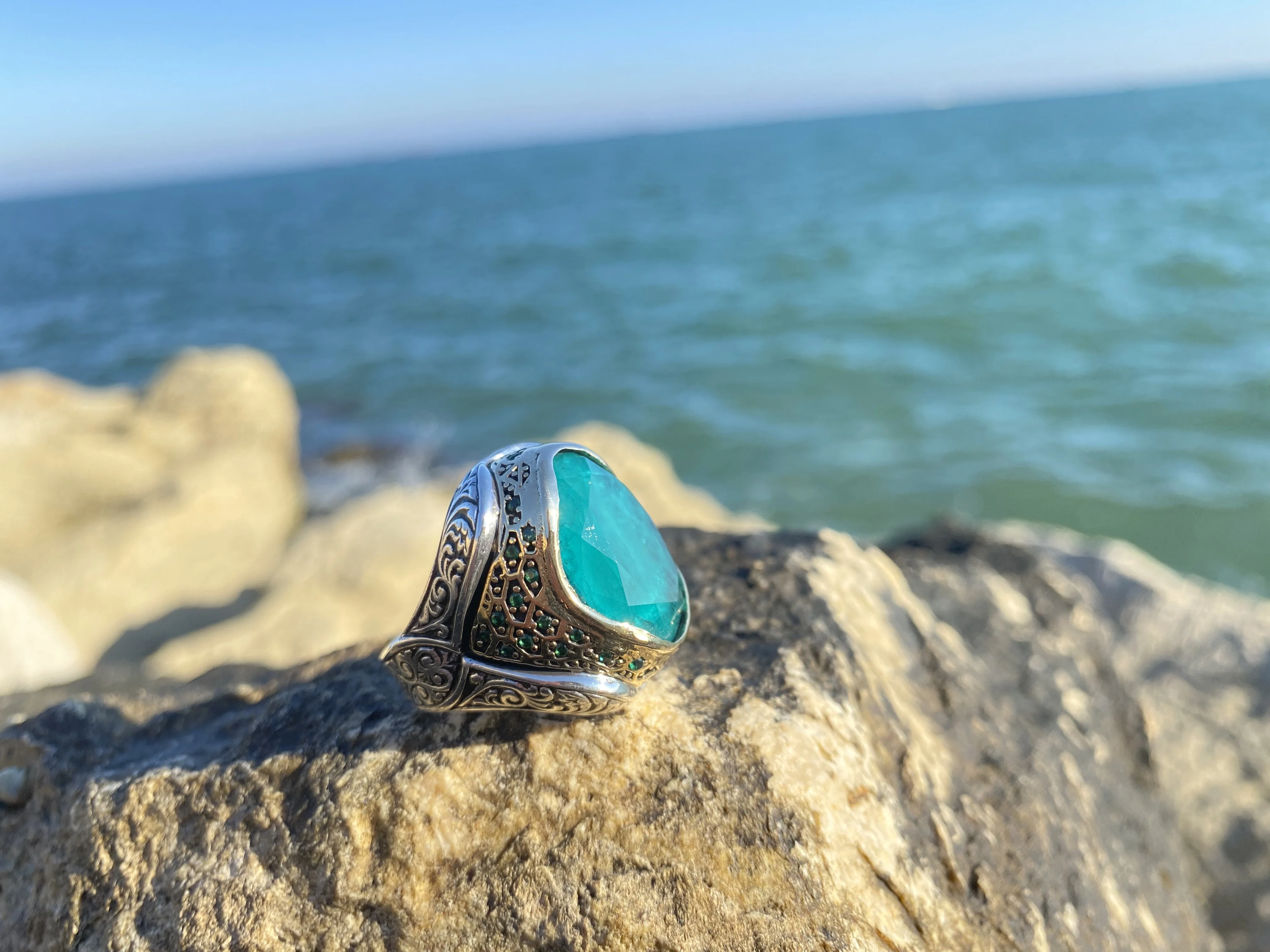 

Sultan Series - Special Desing Silver Turquoise Tourmaline Stone Ring Fashion Turkish Premium Quality Handmade Jawelery, gift,