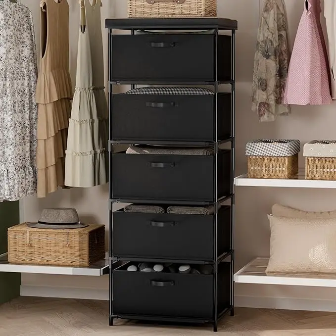5-Drawer Fabric Dresser & TV Stand - Solid Wood & Sturdy Metal Frame - Compact Storage Cabinet for Bedroom, Dorm or Entryway 3