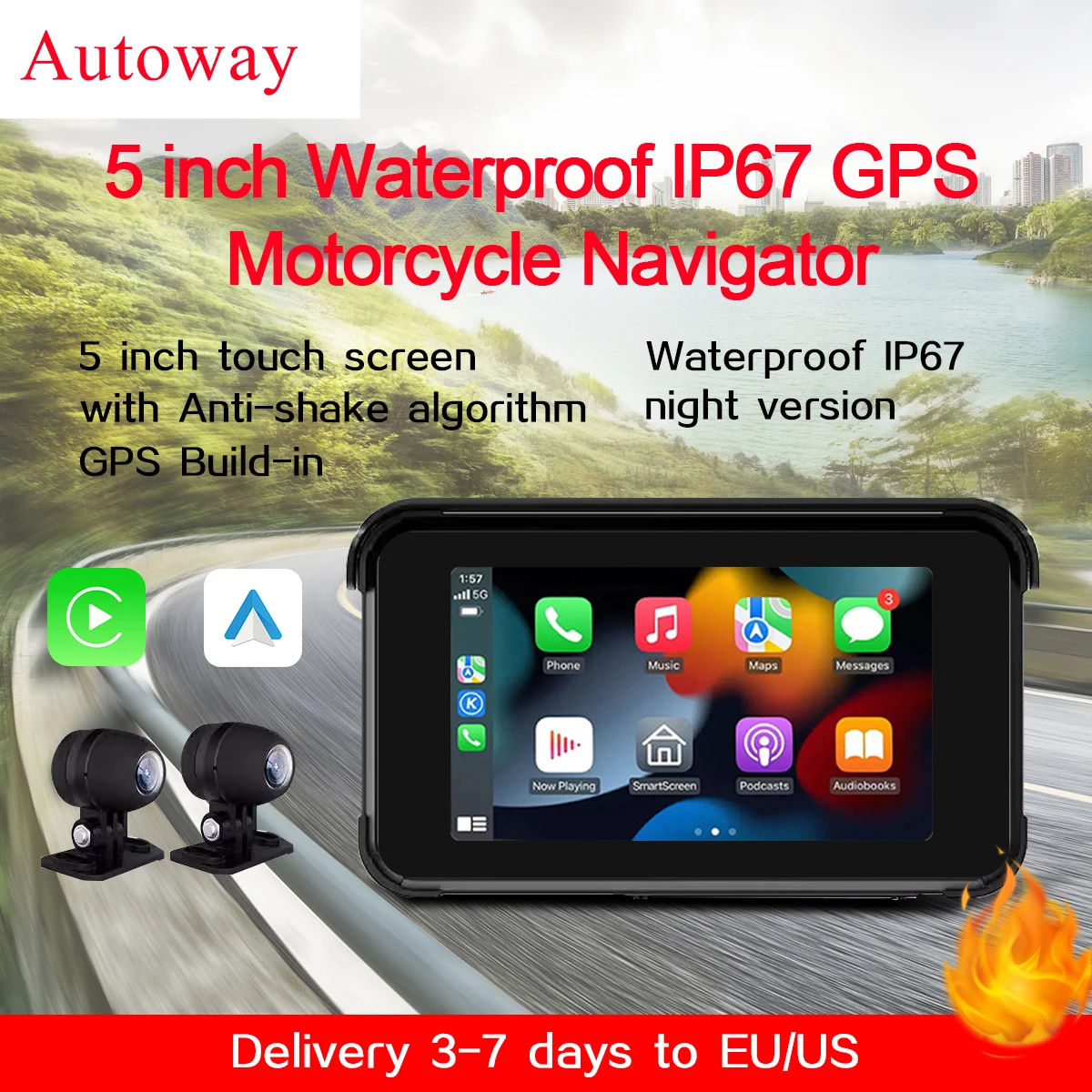 Фото 5-дюймовая водонепроницаемая IP67 GPS-навигация для мотоцикла с сенсорным экраном для велосипеда Carplay Android Автомобильная камера с функцией стабилизации ночного видения №1
