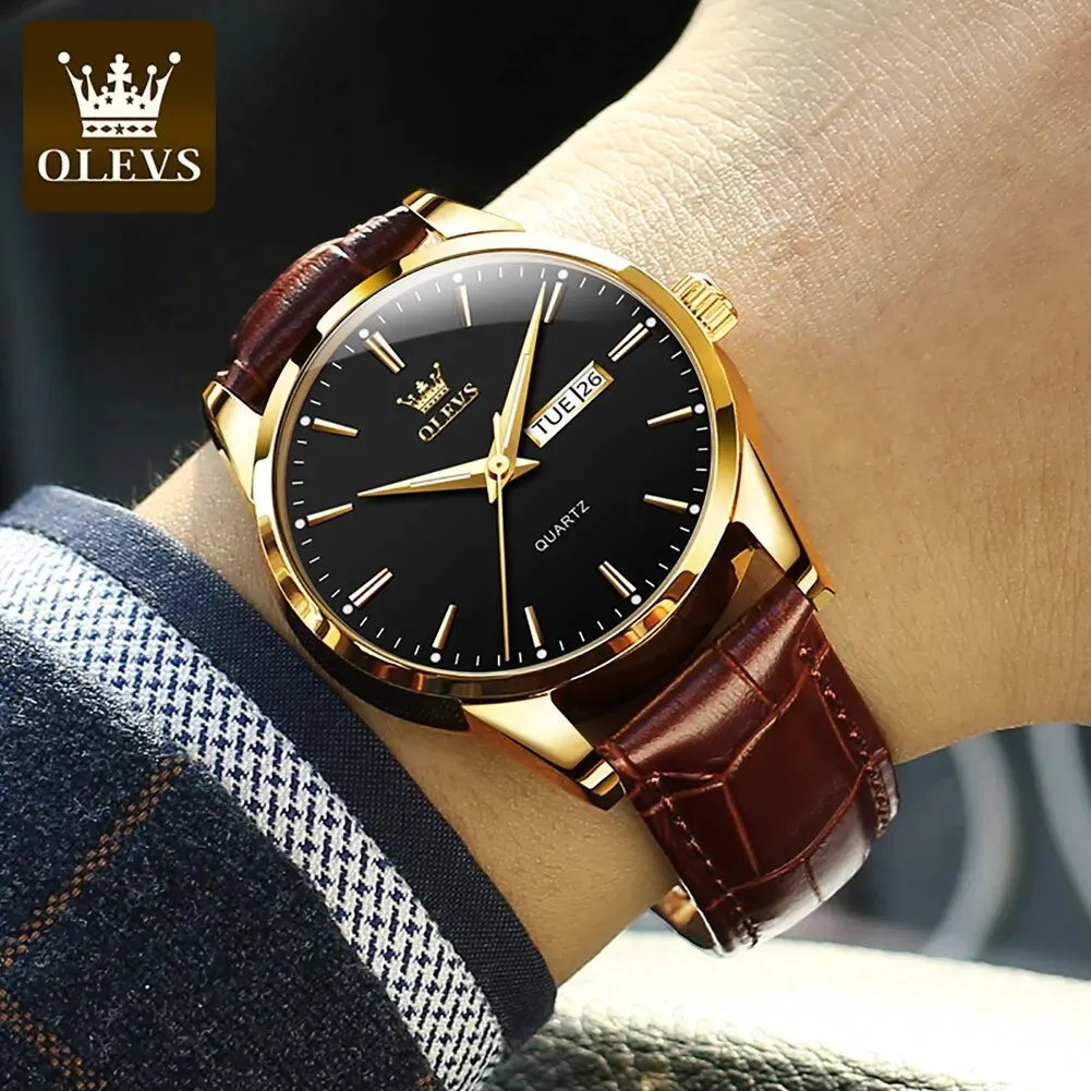 OLEVS Watches for Men Classic Breathable Leather Strap Date Week Dial Waterproof Luminous Popular Men's Casual Quartz Wristwatch