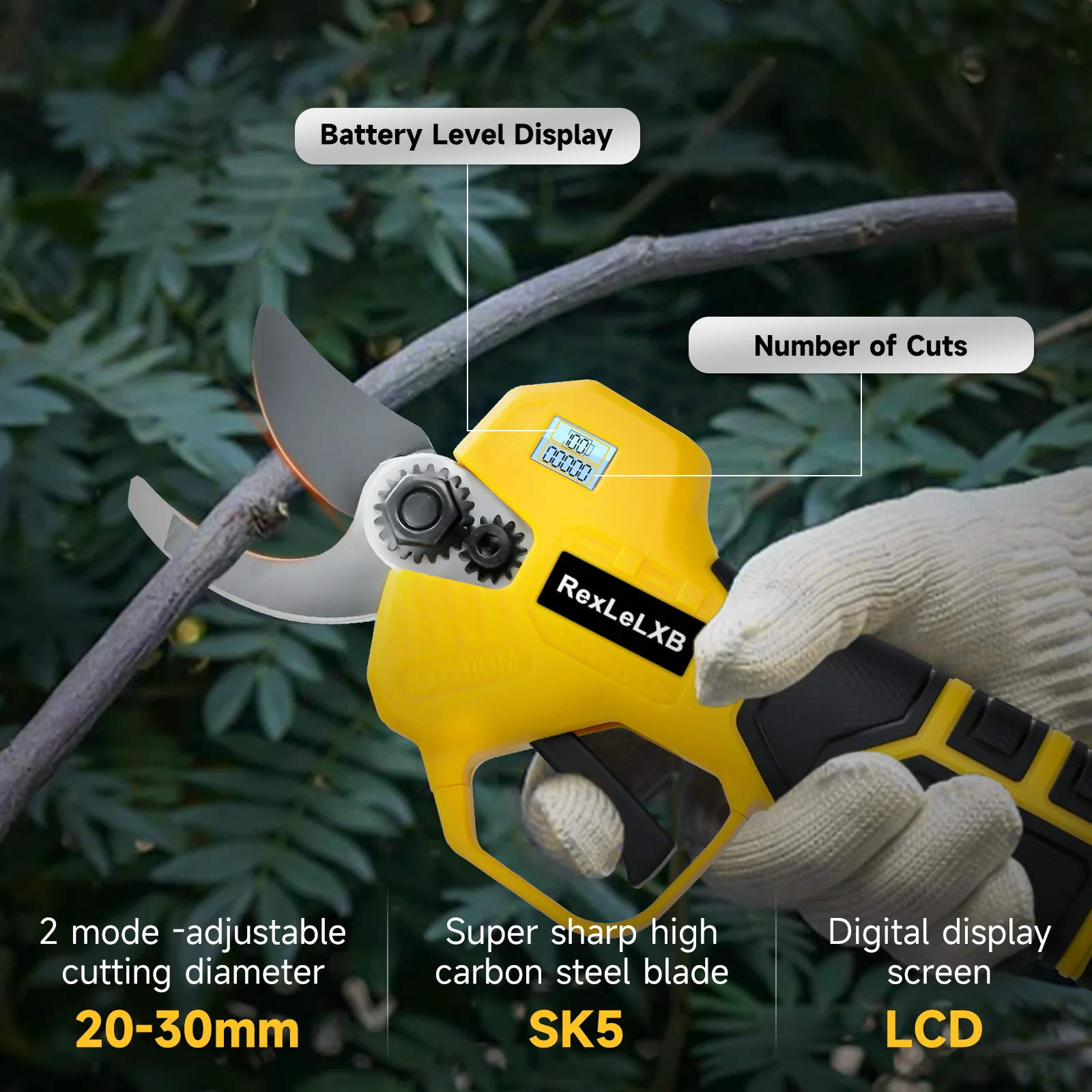 25mm 480W Brushless Electric Pruning Shears for Dewalt 20V Battery Tree Branches Electric Scissors with LCD Display (No Battery) 5