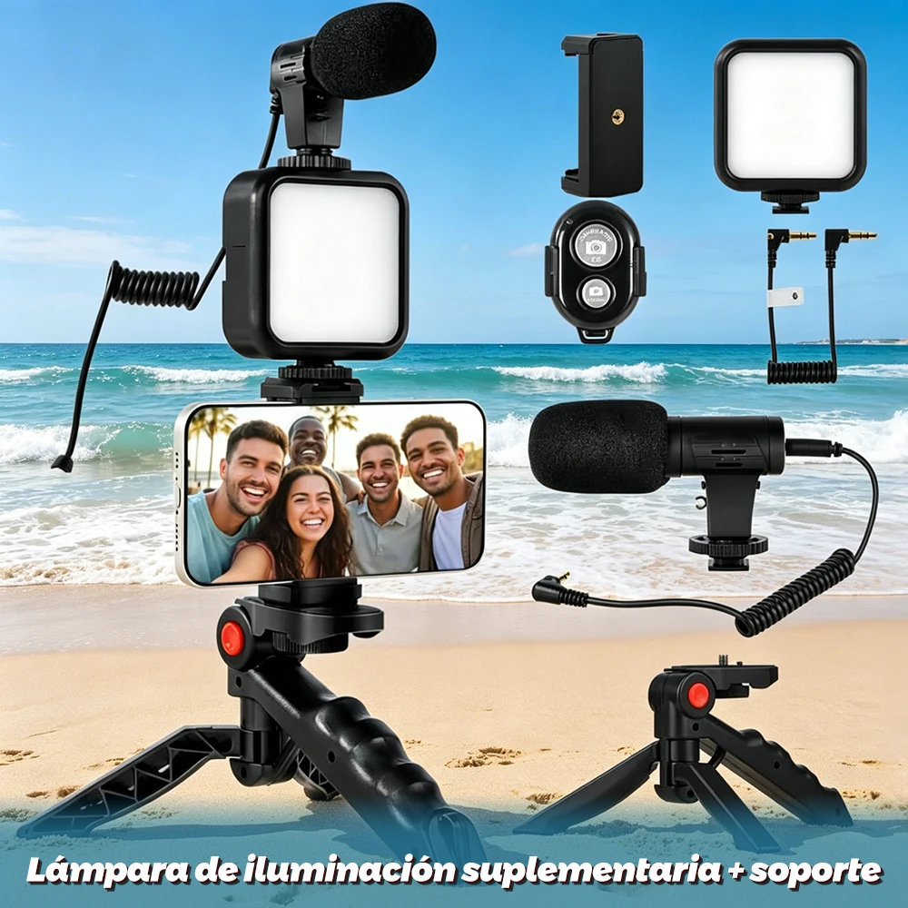 Kit portátil de grabación de Vlog para teléfono móvil: incluye trípode-mango, luz de relleno, micrófono y mando a distancia, el artefacto ideal para transmisiones en vivo, videos cortos y selfies