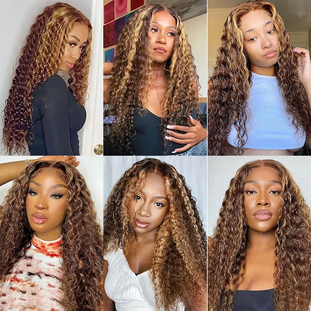 Highlight Deep Wave Bundles with Closure Brazilian Human Hair Bundles with Closure Honey Blonde 30 Inch