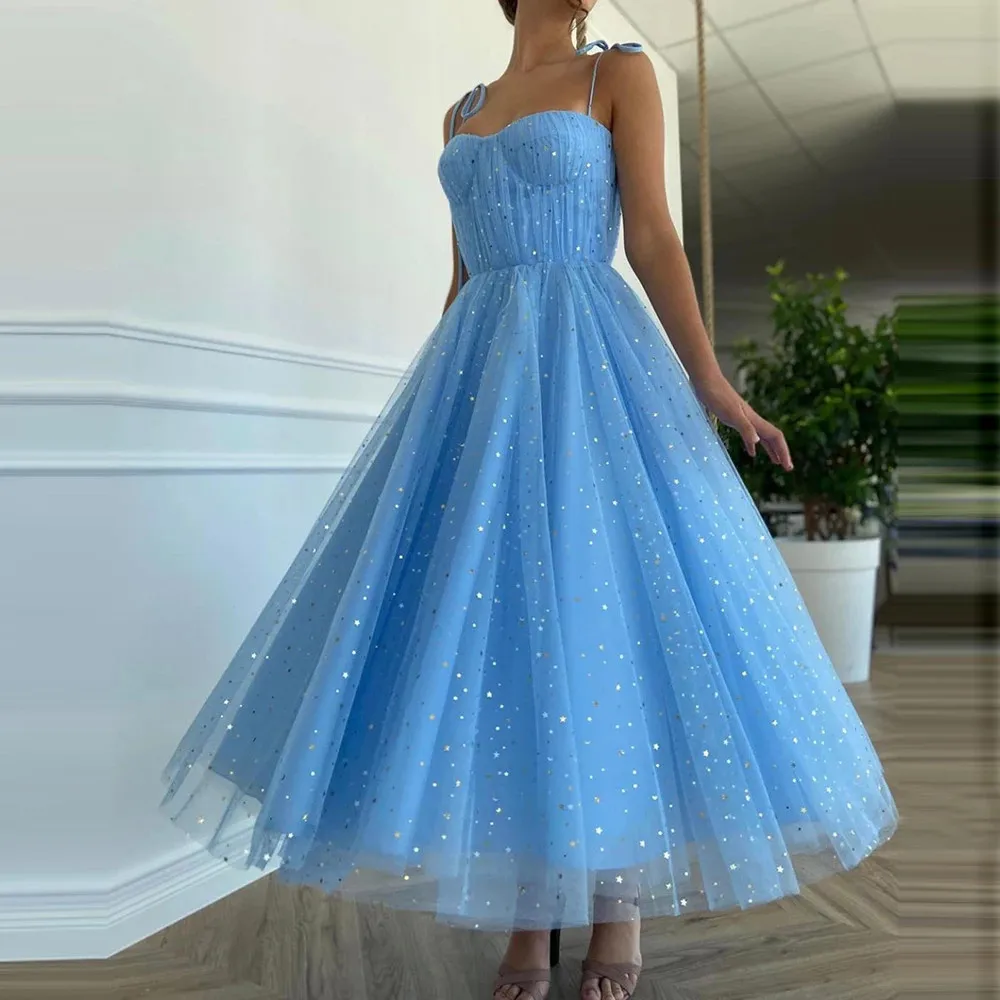 

Simple Blue Pleated Lace Evening Dress Bow Sleeveless Sling Prom Dress Tulle Fluffy Ruffled Party Dress Vestido De Gala