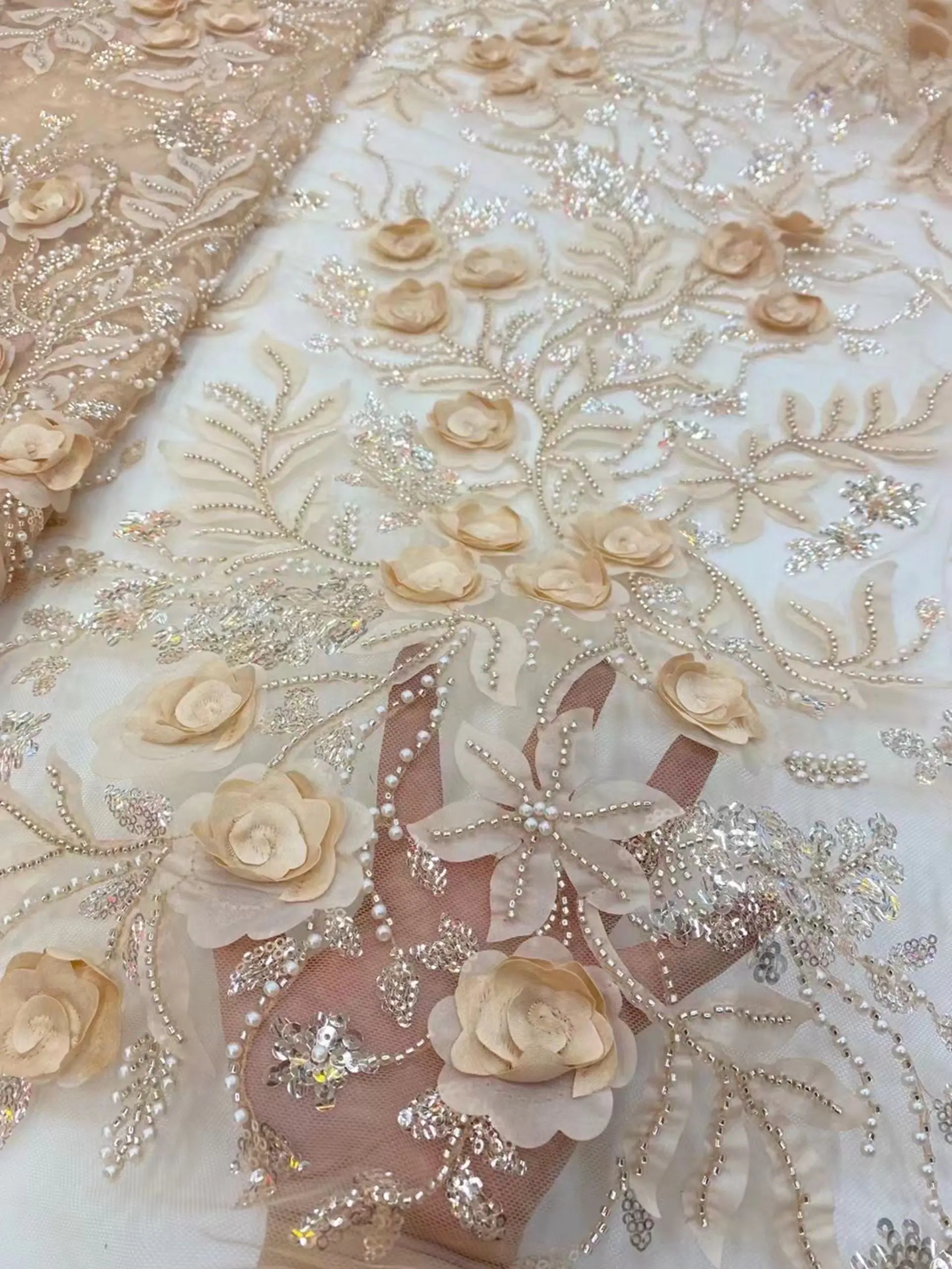 

5yards Luxurious 3D Flower Sequins Beaded Crystal Lace Fabric Bridal Blossom Lace Tulle Embroideried Luxury Wedding Dress lace