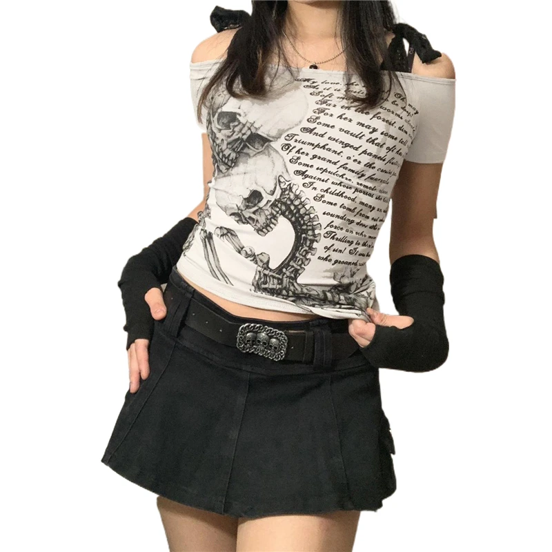 Goth Skull T Shirt 2000s Aesthetic Women Grunge Fairy Core Off Shoulder Short Sleeve Tops Graphic Tee y2k Streetwear 15 Goth Skull T Shirt 2000s Aesthetic Women Grunge Fairy Core Off Shoulder Short Sleeve Tops Graphic Tee y2k Streetwear