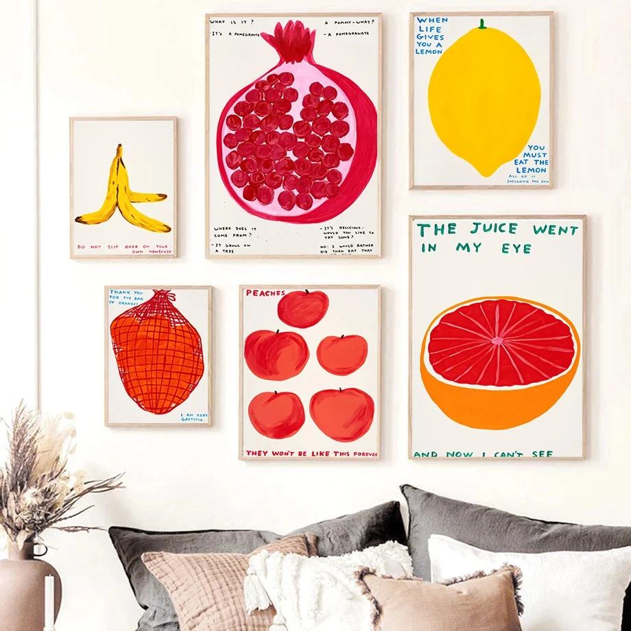 

Modern Fruit Illustration Lemon Banana Peach Pomegranate Illustration Canvas Painting Nordic Poster Kitchen Room Wall Arts Decor