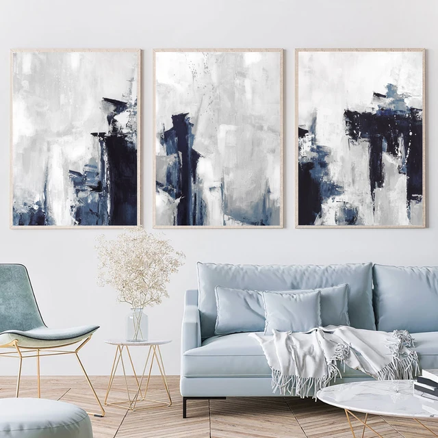Blue and Grey Abstract Wall Art Prints Watercolor Brushstroke Art Painting Canvas Poster Modern Minimalist Wall Pictures Decor