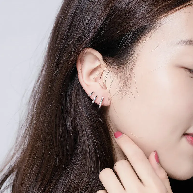 BAMOER U Ear Cuff Genuine 925 Sterling Silver Punk Tirple Circle Hoop Earrings for Women Ear Clips Chic Fashion Jewelry BSE085