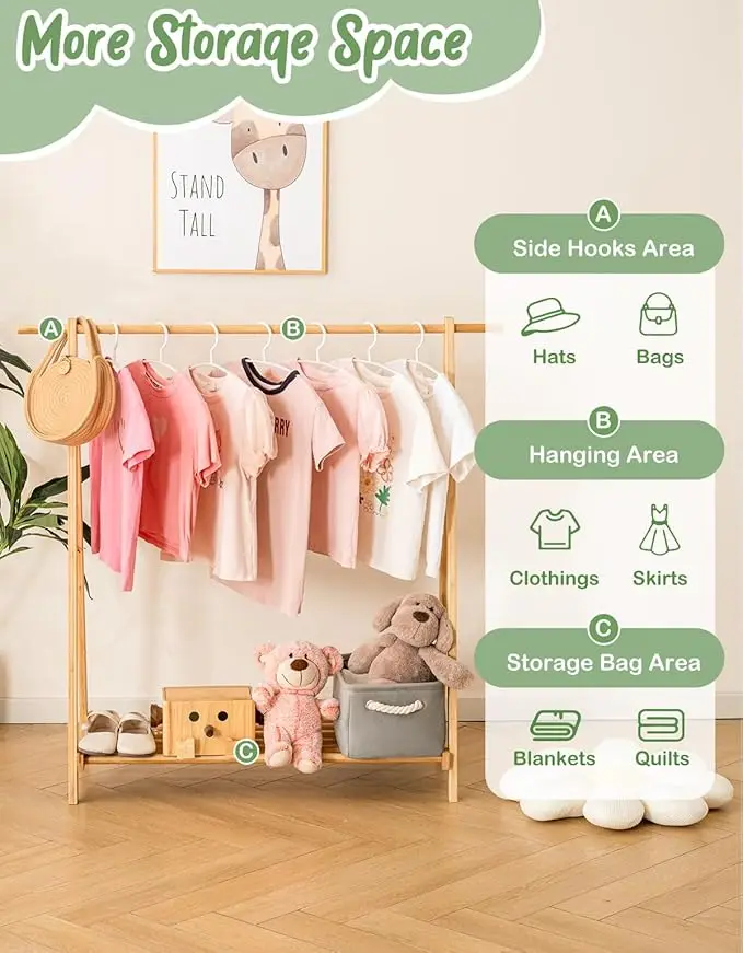 Perchero de ropa para niños con estante de almacenamiento, estante de disfraces para niños, perchero para colgar ropa, organizad 4