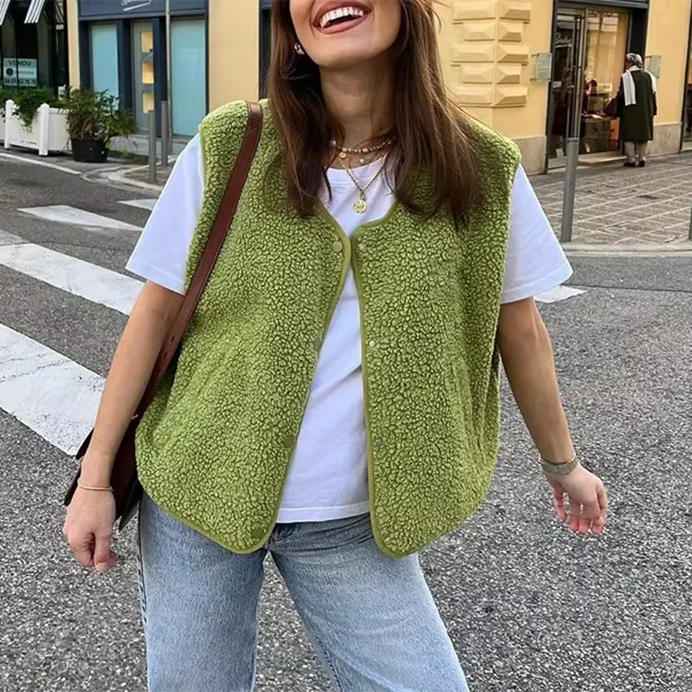 Women Jacket Lamb Single Breasted Vests Casual Pocket Sleeveless Solid Round Neck Button Up