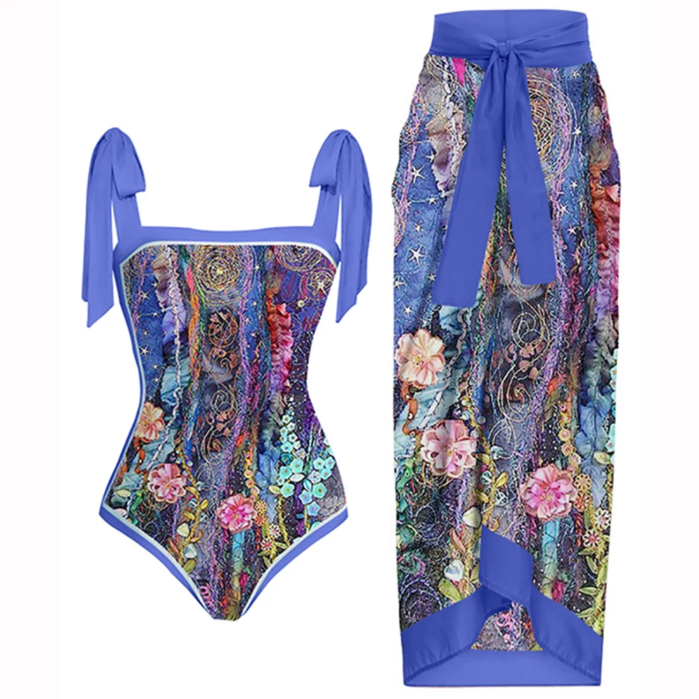 

Fashion Floral Print Bikinis One-piece Swimsuit and Beach Cover Ups for Women Push Up Swimming Biquini Summer Beachwear Backless