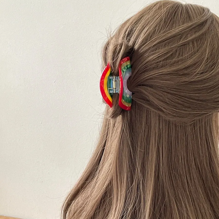 Acetate Pink Rainbow Eye Flower Lattice Hamburger Hair Clip Claw For Women Temperament Ponytail Barrette Hair Accessories 2023