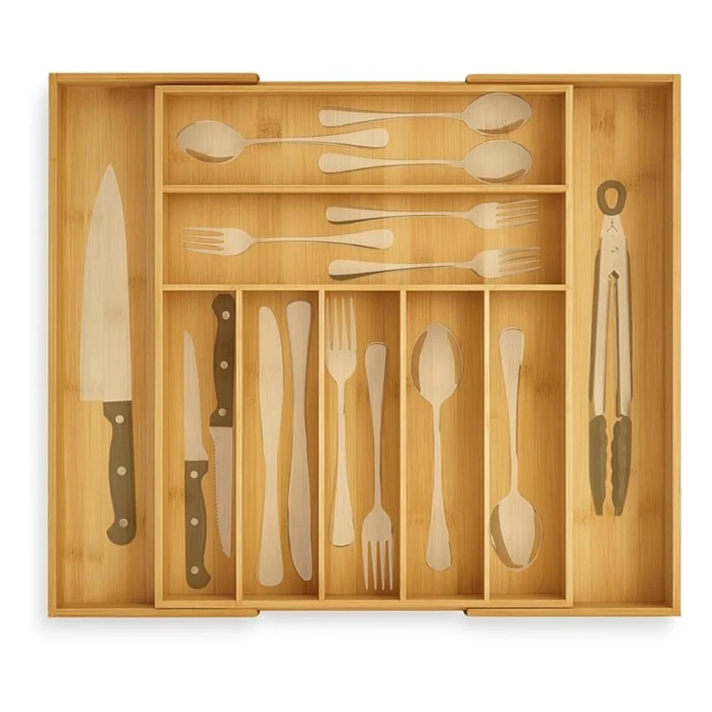 Organizador de Cubiertos de Bambú Expandible (33-52 cm) con 9 Compartimientos. Bluelander