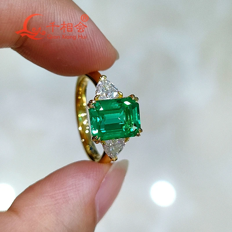 yellow  7*9MM emerald 925 silver green color emerald ring  with trillion moissanite for Wedding Engagement Party Gifts