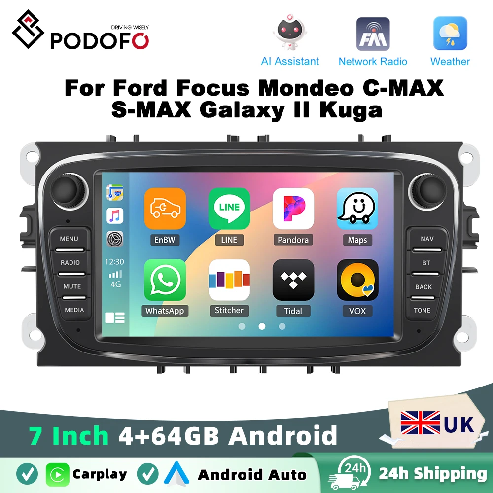 Podofo 2+64GB Wireless Carplay Car Radio Android Auto Car Video Player GPS For Ford Focus Mondeo C-MAx S-MAX Galaxy Il Kuga BT