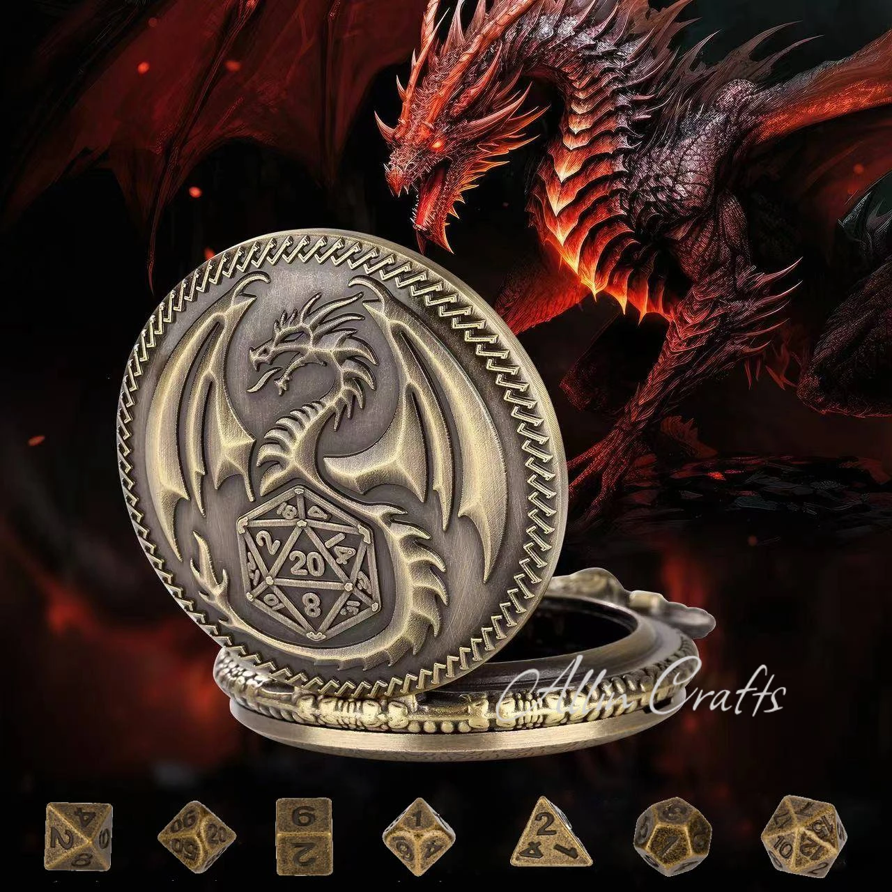 Acrylic dice,game dice,dice set Pocket watch Dice 39cm chain Dragon pocket watch case DND dice Gift Pendant 2 Mini Metal DND Dice for dnd party