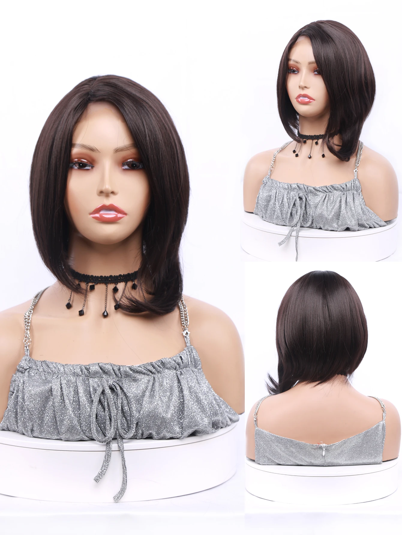 Synthetic Short Straight Part Lace Wig with Natural Hairline Side Part Hair Wig Brown Bob Wigs for Black Women Cosplay Lolita