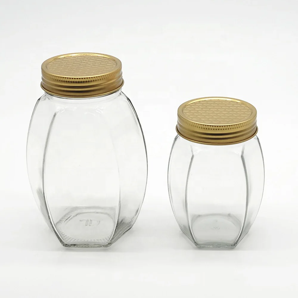 Empty Honey Hexagon Luxury Glass Storage Jar with Screw Gold Lid 500g 1000g Honey Storage MOQ500 Custom Logo Available Inbox Us