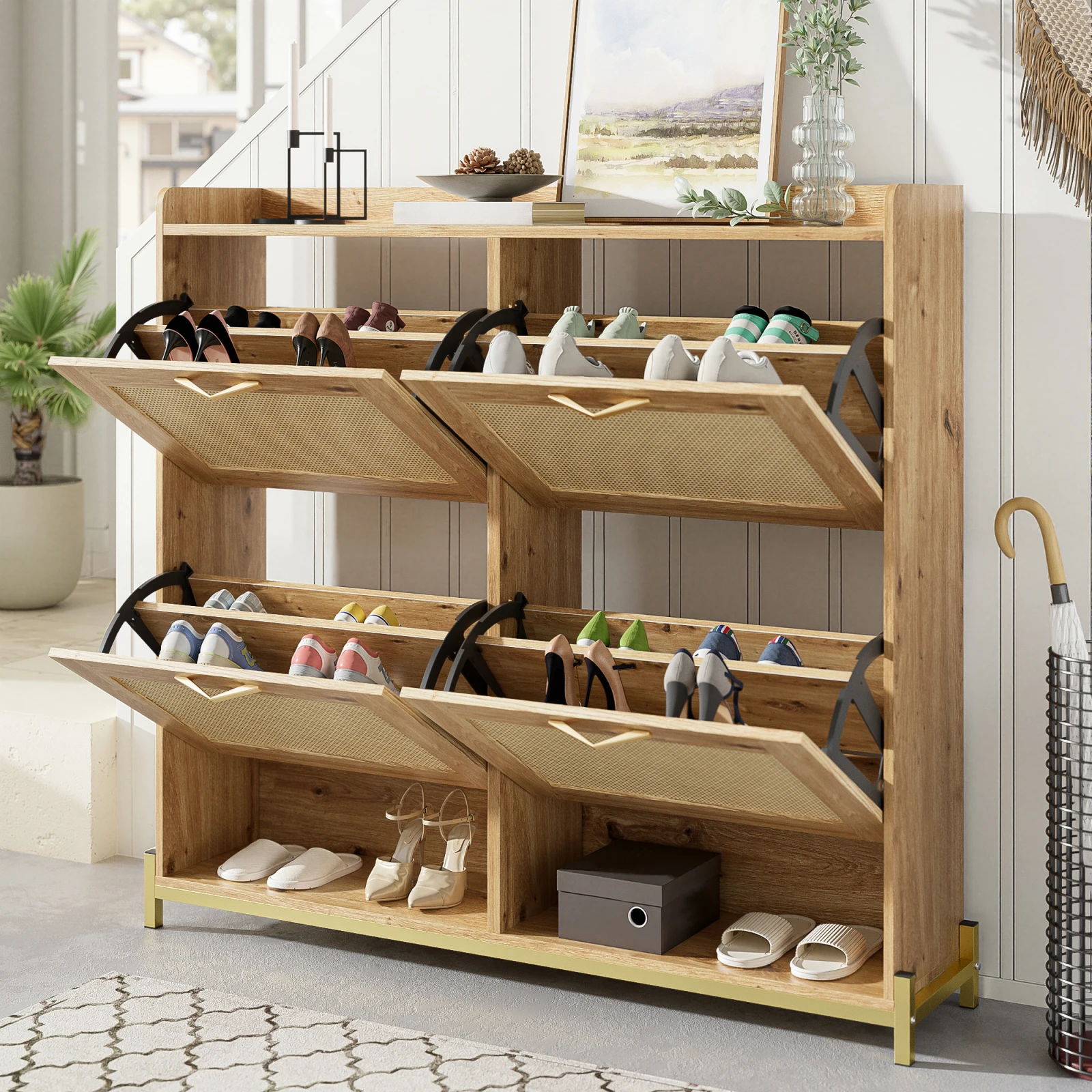 Rosahqnda Modernes Schuhregal in Holzoptik, 4-türiger Schuhschrank mit platzsparendem Schuhschrank für Eingangsbereich, Flur, Flur – Detail 15