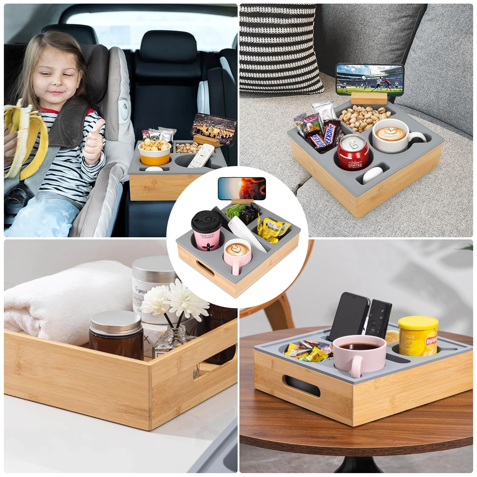 Couch Cup Holder Tray, Couch Caddy with Rotatable Phone Holder, Couch Tray for Bed Car Beach Organizer, Anti-Spill for Snacks 5