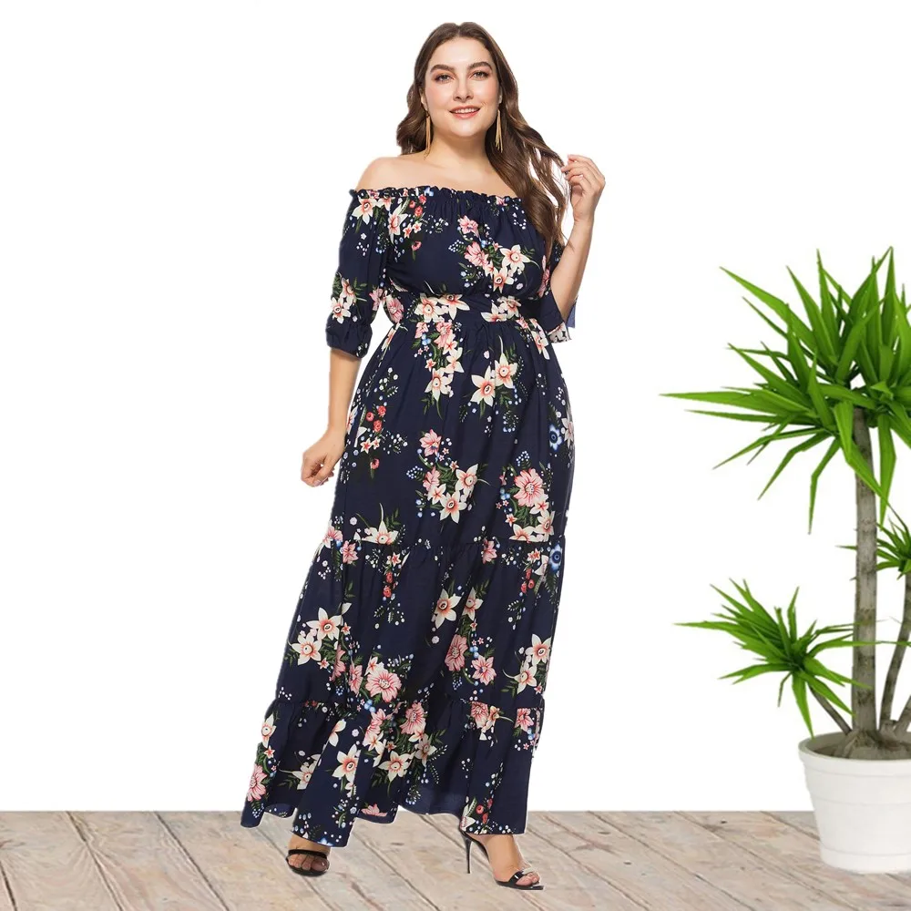 Plus Size off shoulder Floral Print Maxi Long Summer Dresses For Women Wholesale China