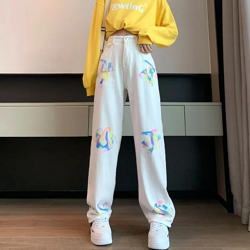 Women's Clothing Cartoon Print Pocket Pants Rainbow Office Lady Zipper Fly Summer Straight Trend Bright Colors Cowboy High Waist