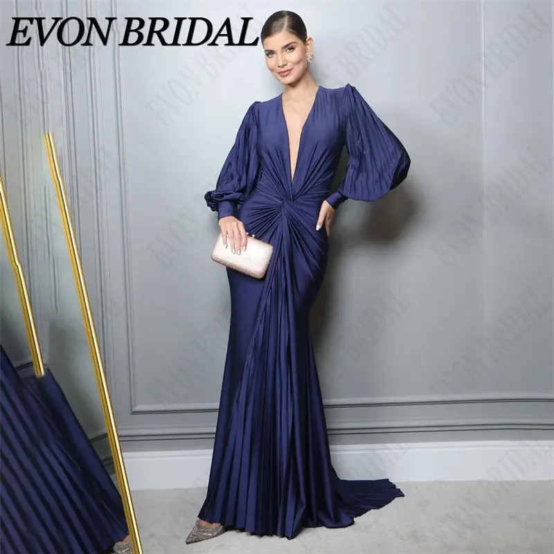 EVON BRIDAL Satin Mermaid Evening Dresses Gorgeous V-Neck Puff Sleeves Prom Formal Gown For Woman Custom Made Vestidos De Fiesta