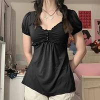 Xingqing Vintage esthétique femmes t-shirt élégant dames à manches courtes col en V hauts à volants été Lolita Kawaii Grunge vêtements 5
