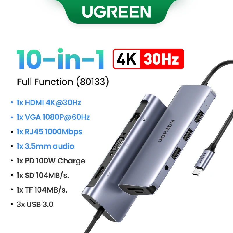 HUB USB C 10 in 1 UGREEN 80133 USB C to USB 3.0+ HDMI 4K + VGA + RJ45 +  SD/TF + Audio 3.5mm + PD