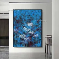 Hand Painted Abstract Blue Floral Oil Painting Textured Spider Lily Canvas Wall Art Unique Vertical Picture for Bedroom Decor 5
