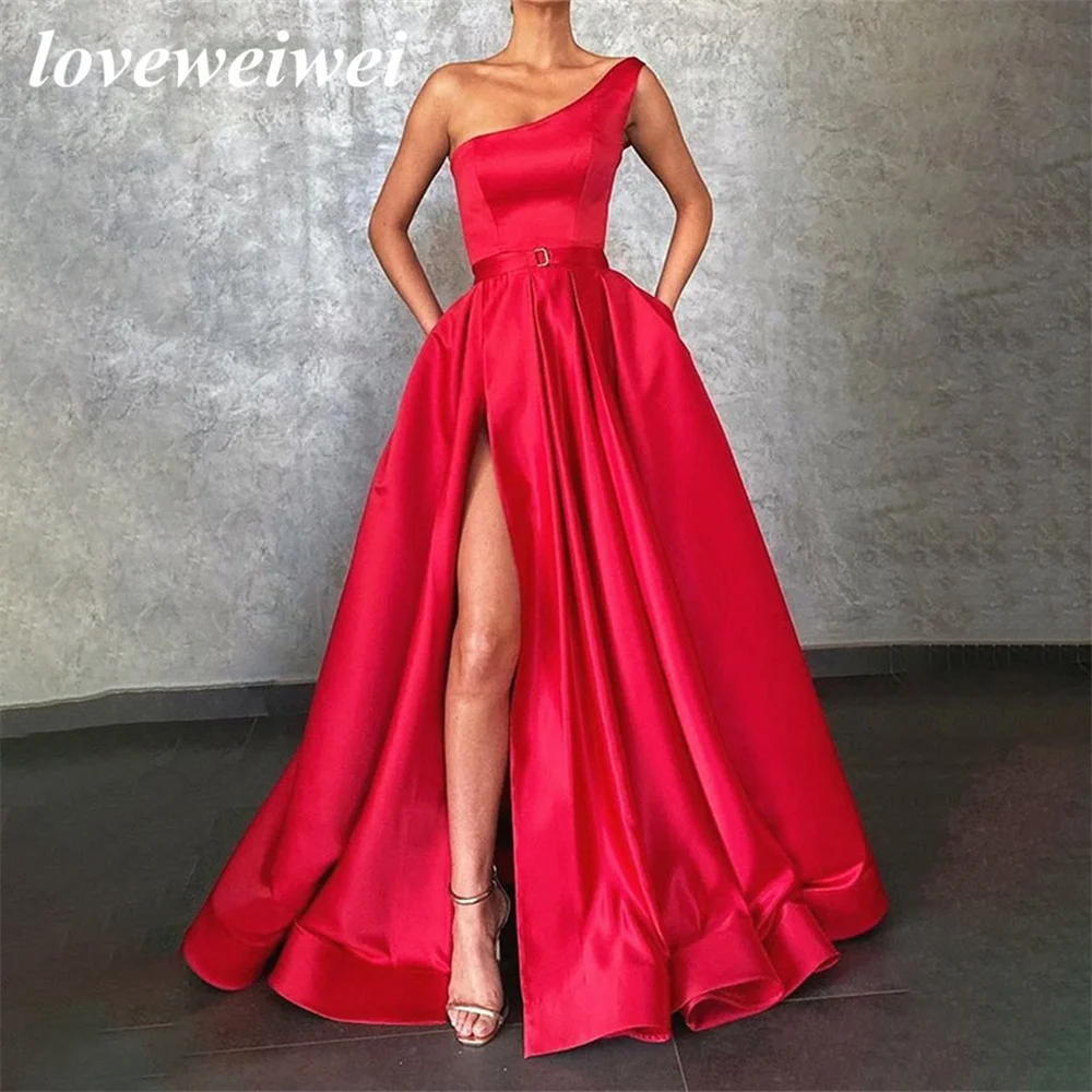 

Red A Line Evening Dress Stain One Shoulder Charming Prom Dress High Split Party Dress With Belt Custom Size vestidos de noche