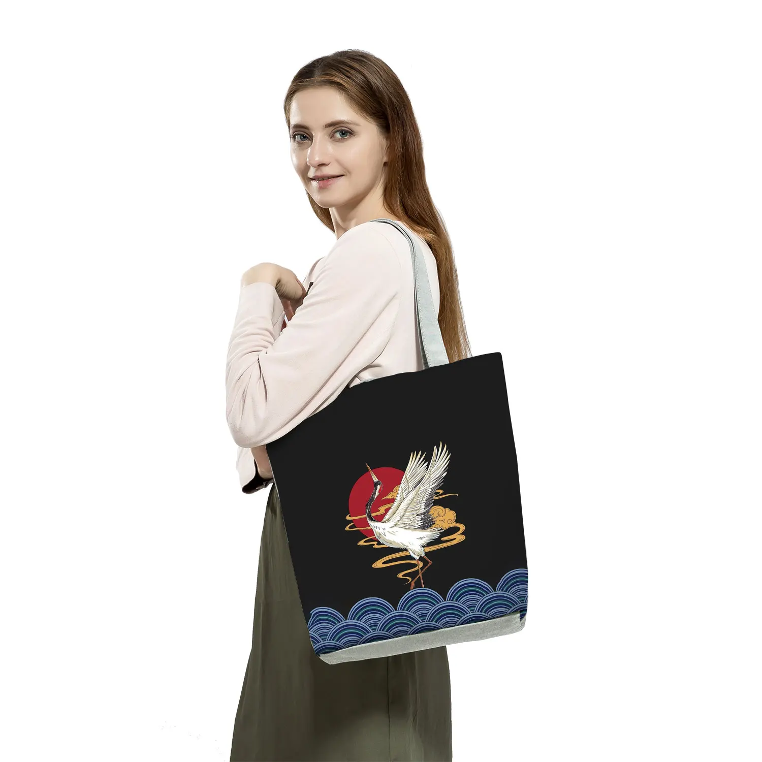 Bolso de mano informal para mujer, bolsa de hombro con estampado de grulla y pájaro, ecológico, portátil, de alta capacidad, 2022