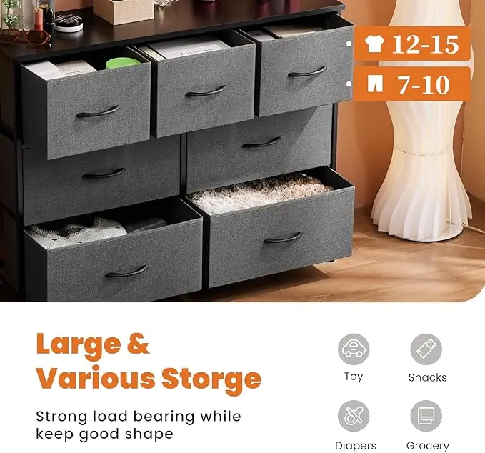 Dresser for Bedroom, Storage Drawers, TV Stand Fabric Storage Tower with 7 Drawers, Chest of Drawers with Fabric Bins, Wooden T 4