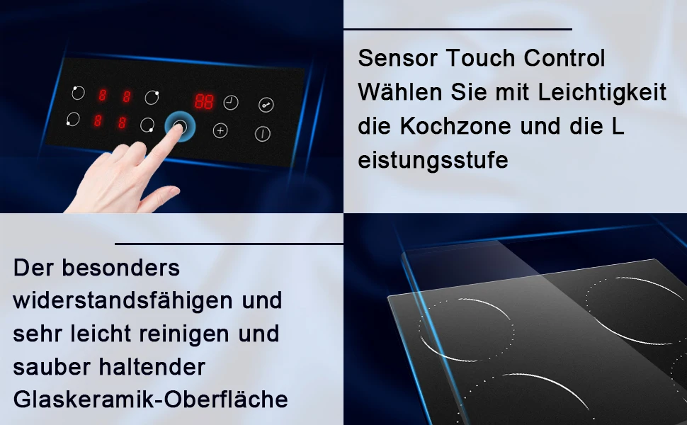 Glaskeramik-Kochfeld, 4-Zonen-Kochfeld, Sensor-Touch-Control-Kochfeld, selbst ausreichend 60 cm, 6000 W, 9 Leistungsstufen, 60 cm, kein Stecker – Detail 3