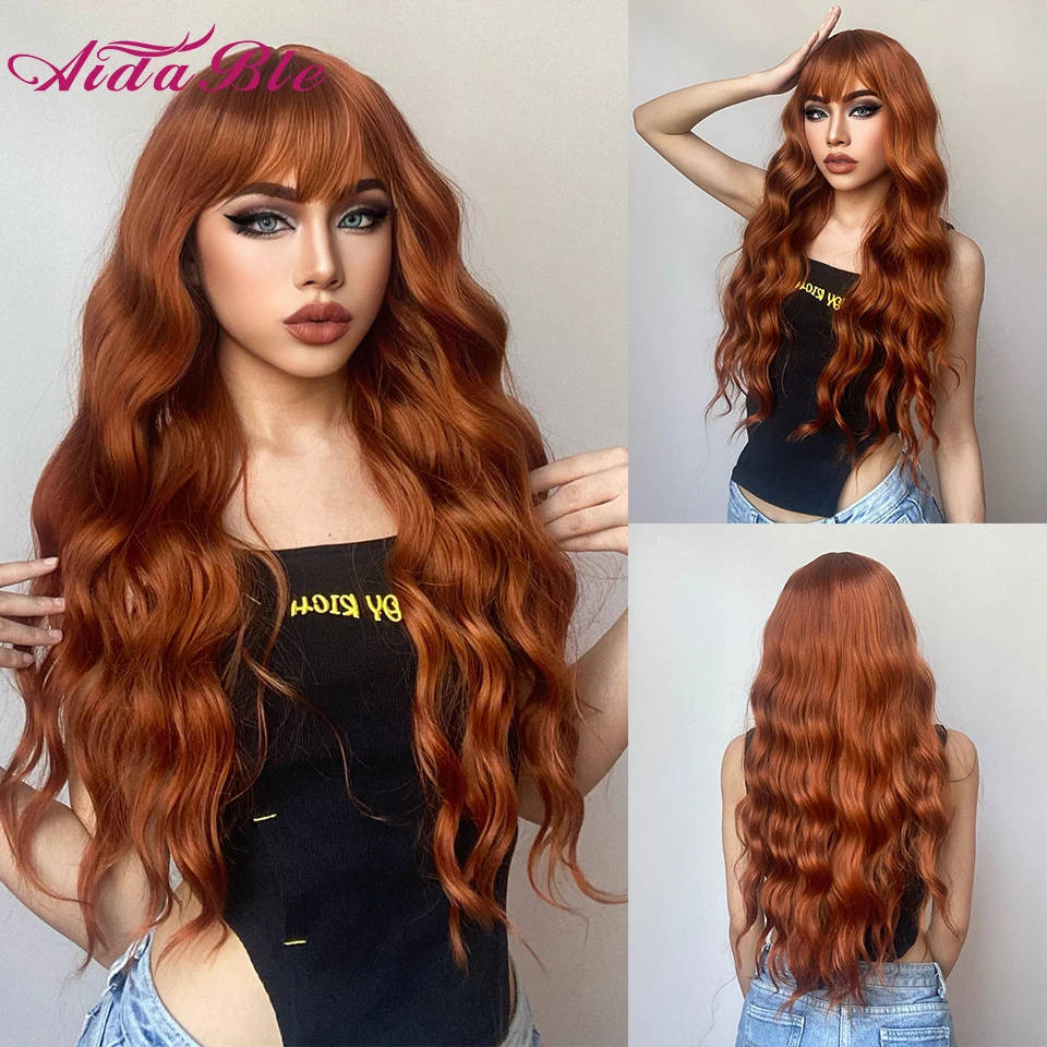 Orange Red Synthetic Wigs With Bangs Long Water Wave Wigs For Women Blue/blonde/ginger Wigs For Cosplay Party Heat Resistant Wig - Synthetic Wigs(for Black)