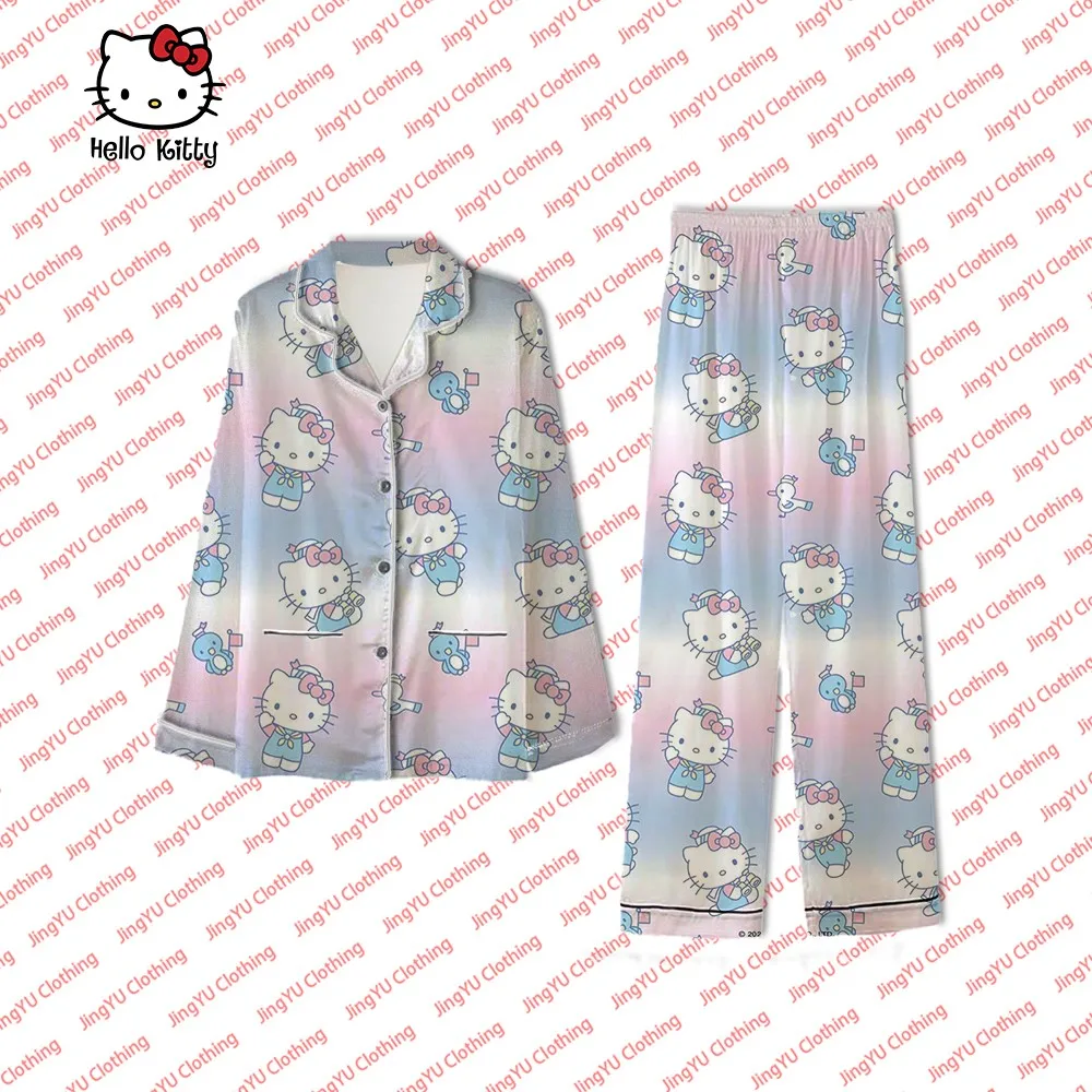 Sanrio Hello Kitty Pink Pajamas Women Clothes Long Sleeve Button