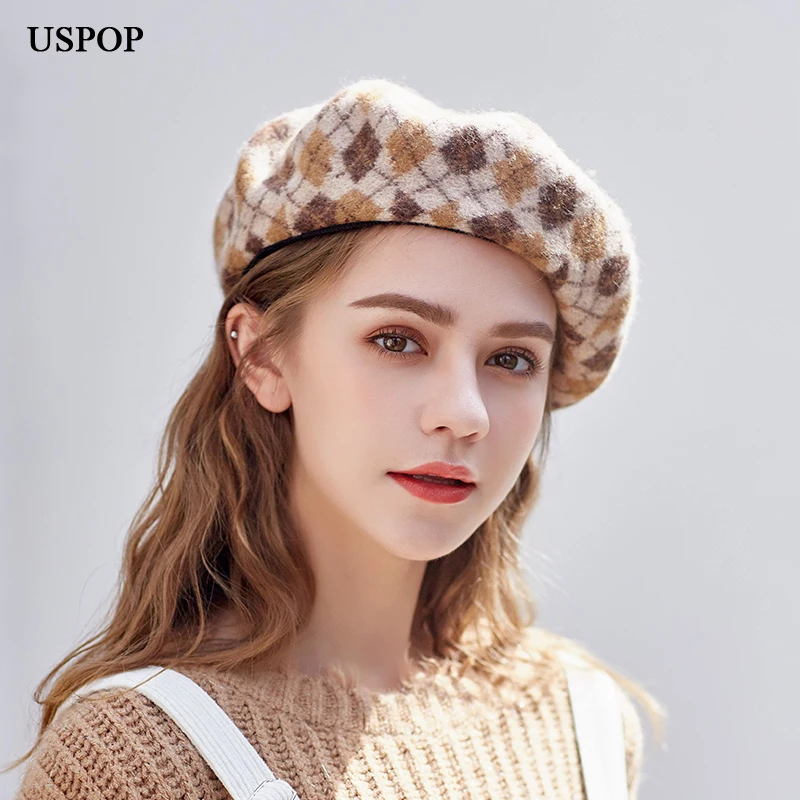 

USPOP New thick winter wool hats women wool berets adjustable female plaid beret vintage painter hats