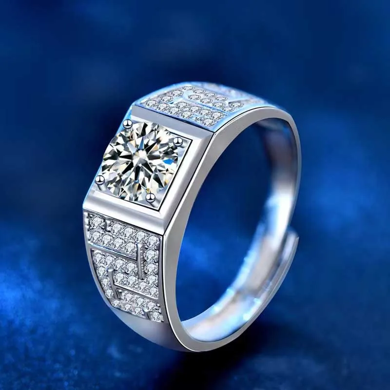 Trendy 925 Sterling Silver 1Ct D Color Moissanite Men Ring Iced Out Lab Moissanite Anello Regolabile Pass Diamond Tester