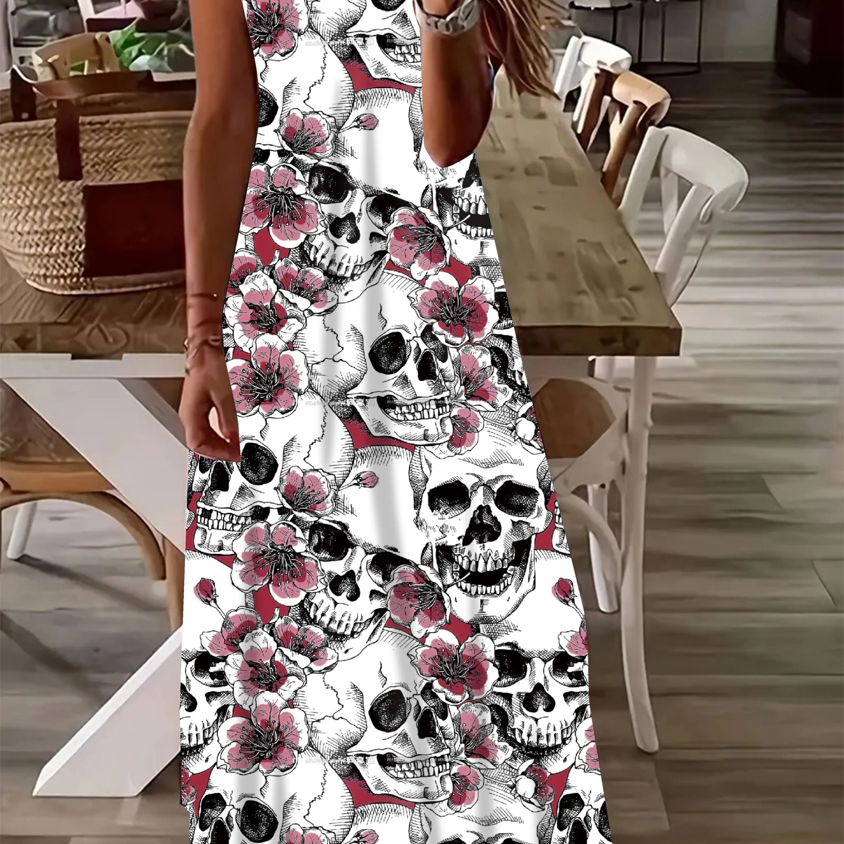 thumbnail image 1 of Vestido de verano para mujer, sencillo, con estampado geométrico, tirantes, informal, estilo playero, estilo balneario, holgado y cómodo, largo., 1 of 5