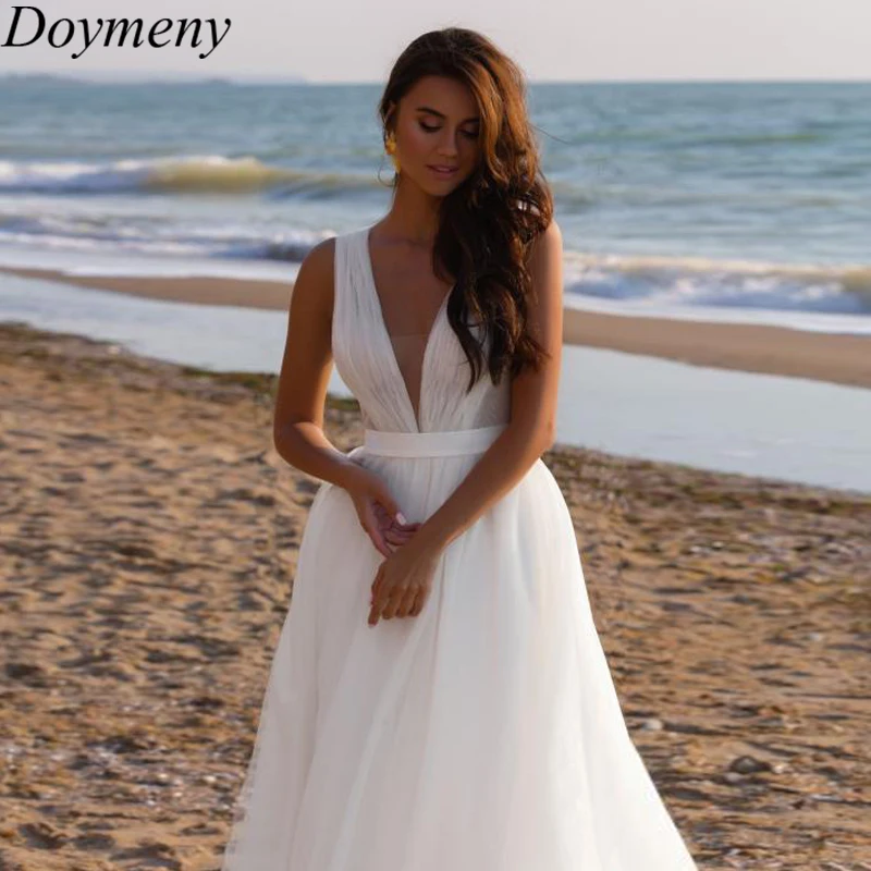 

Doymeny Bridal Wedding Dress Elegant V-Neck Sweep Train Zipper Sleeveless Satin Draped Pleat Simple A-Line Robe De Mariée 2023