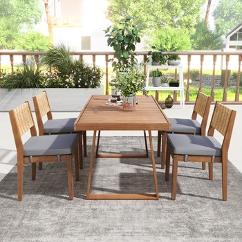 Set da pranzo da esterno da 5 pezzi: tavolo in legno di acacia e sedie in rattan PE, con schienale, per giardino, patio, sfondo 1