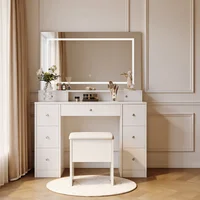Белый туалетный столик с зеркалом, трехцветной LED-подсветкой, ящиками и полками, в комплекте с табуретом