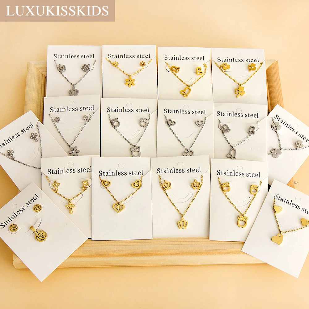 LUXUKISSKIDS-مجموعة مجوهرات أنيقة على شكل قلب للنساء ، قلادة من الصلب وأقراط ، تاج الزفاف الهندي ، بالجملة بالجملة 1
